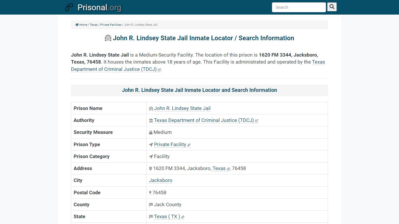 John R. Lindsey State Jail Inmate Locator / Search Information